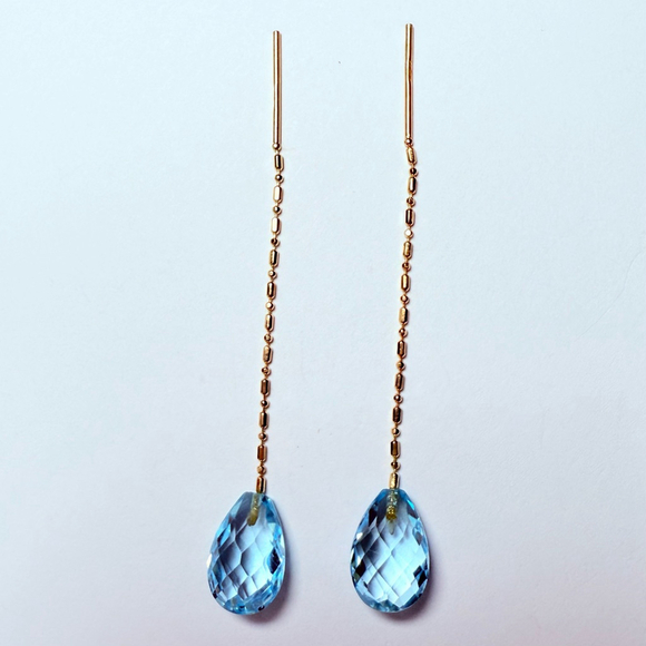 Jewelry - 14K Yellow Gold 7 CTW Swiss Blue Topaz Faceted Pear Dangle Threader Earrings